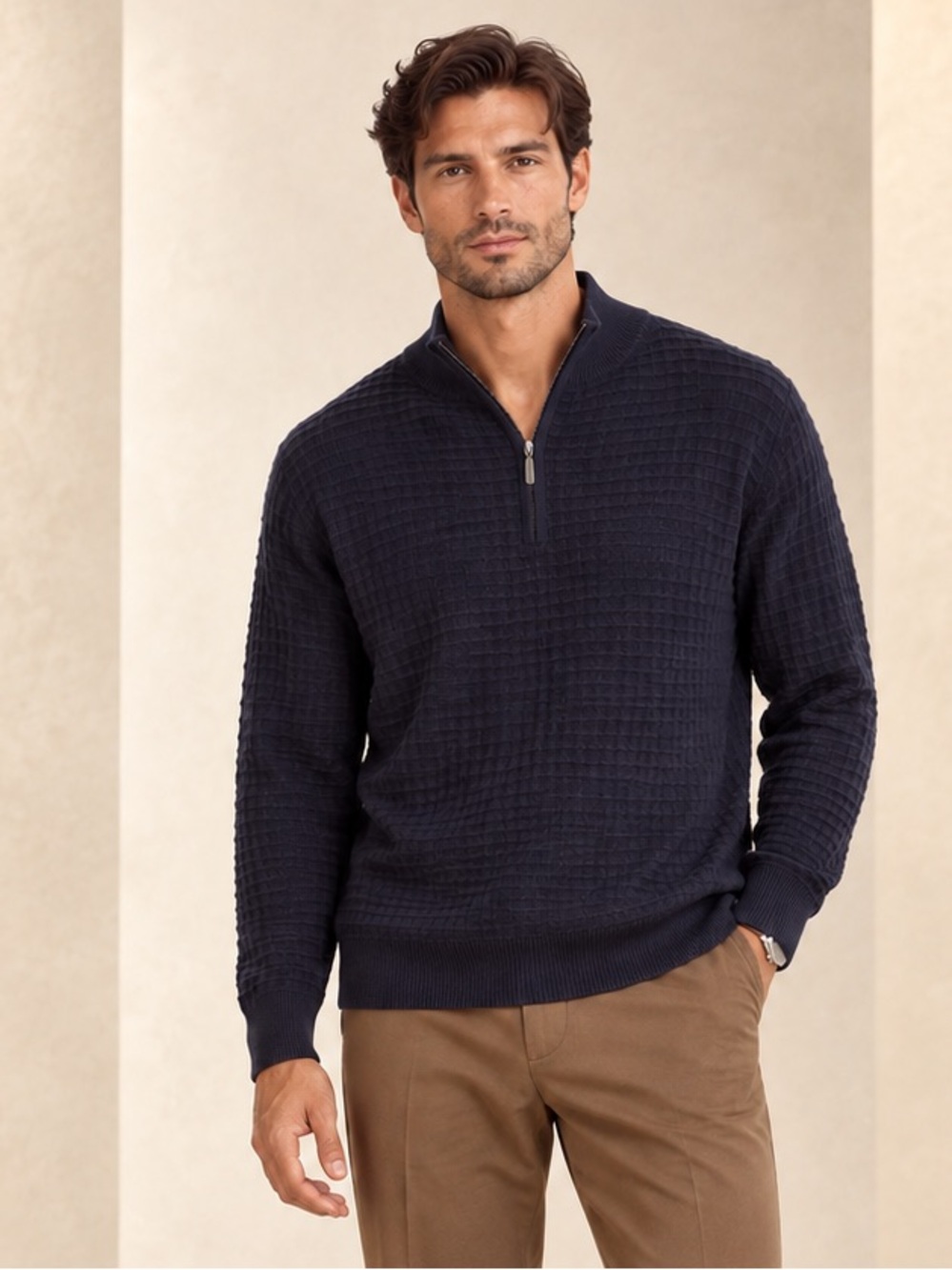 Tahari Men’s 100% Merino Wool Textured Quarter-Zip Sweater Navy Sz XL